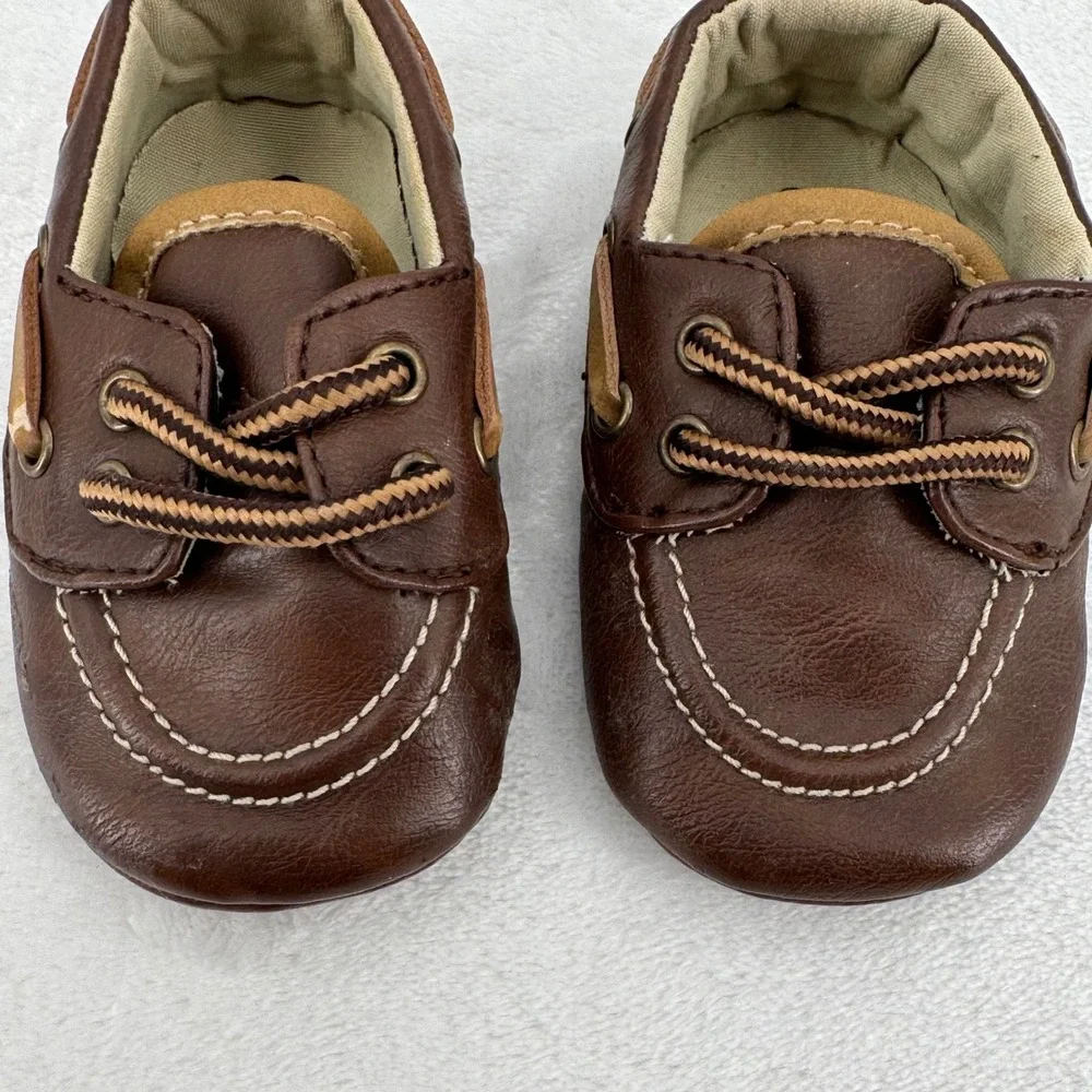 Koala Baby Boat Shoes Infant Sz 2 Brown Faux Leather Soft Sole Loafers Baby Boy